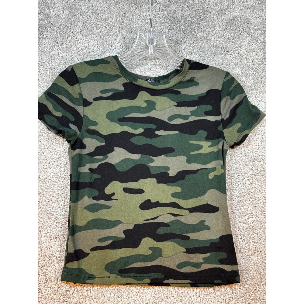 Splash Womens Camouflage Baby Tee Green Brown Black Short Sleeve Crop Top Small